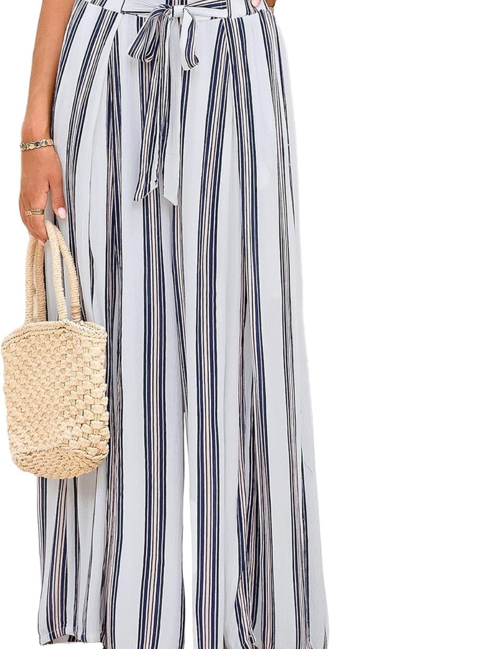 Simplee White Blouse with Navy and Beige Stripes